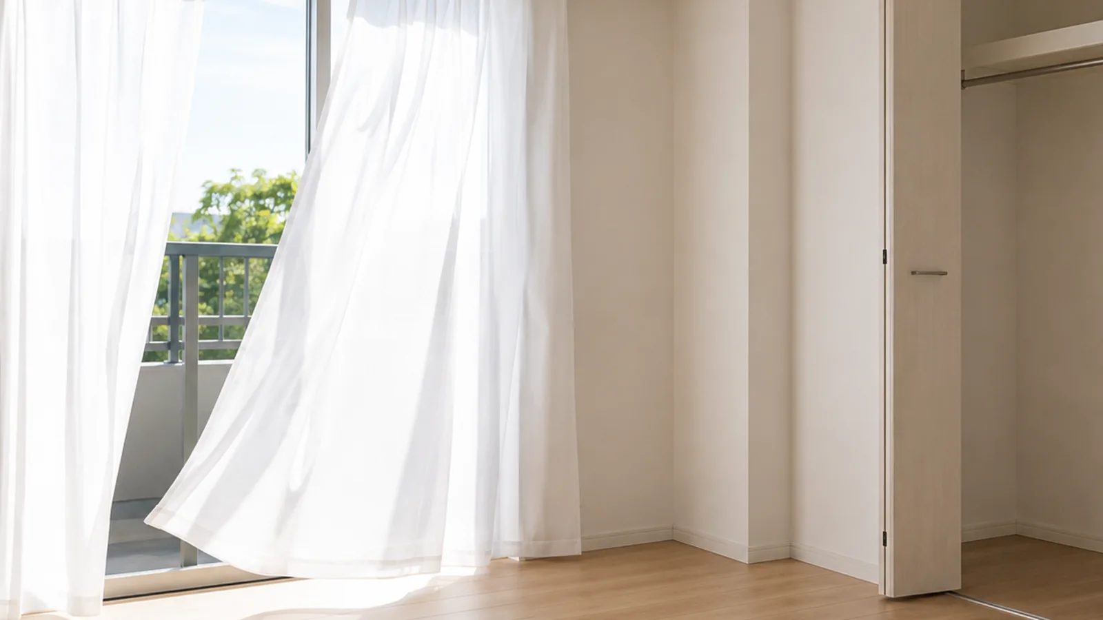 窓を開けて換気している明るい空室を表したイメージ